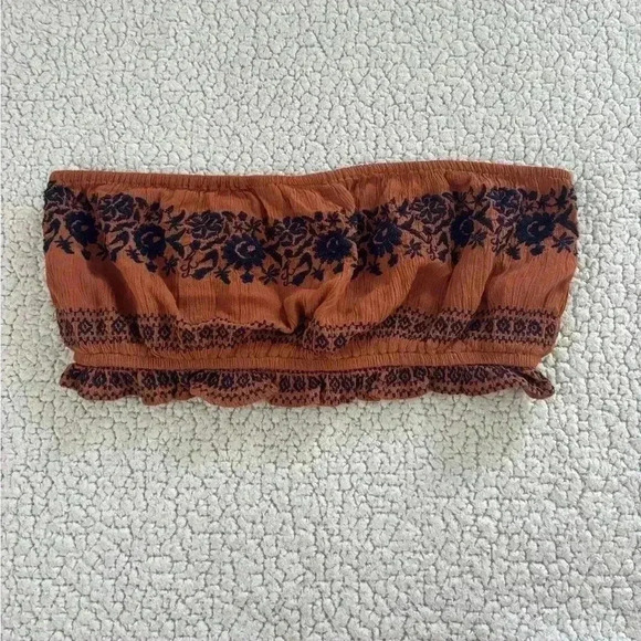 AMERICAN EAGLE Rust Orange Tube Top with Navy Blue Embroidered Detail - Picture 1 of 6